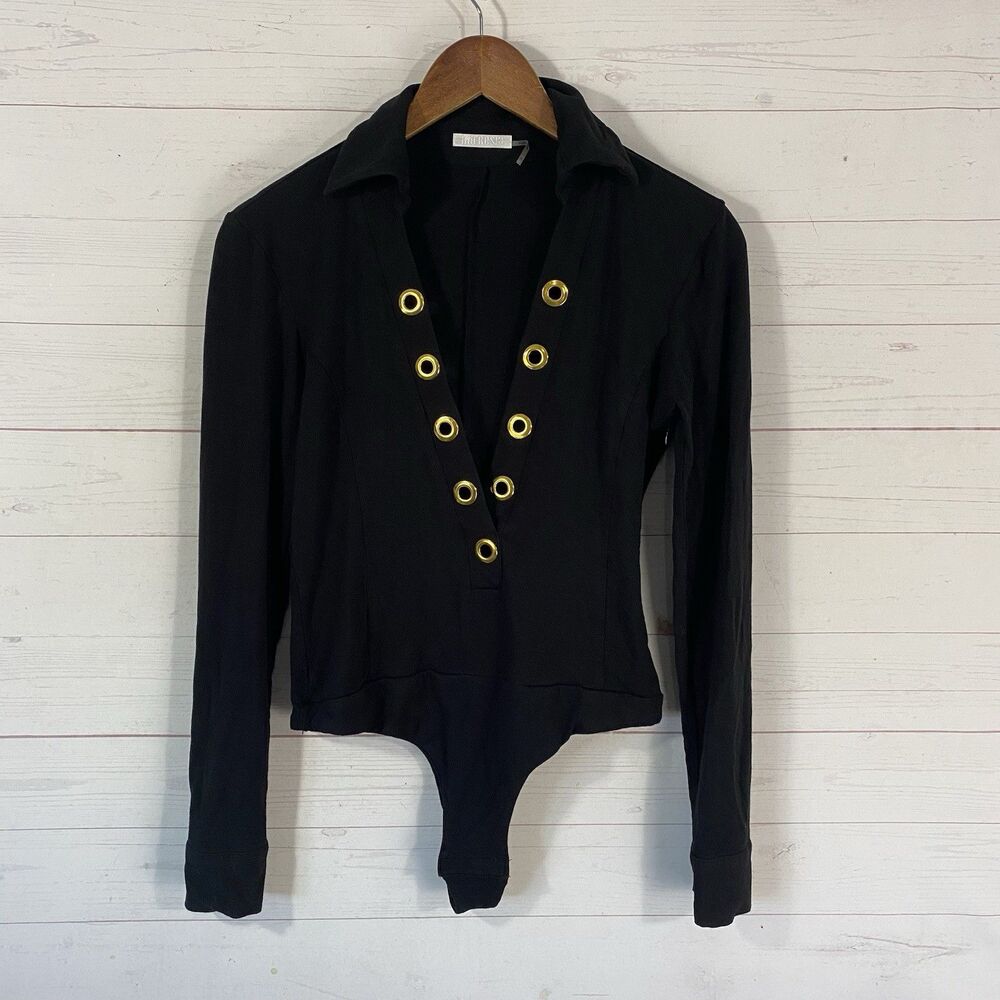 Mifresia Womens Long Sleeve Deep V-Neck Bodysuit Size Large Black Collared